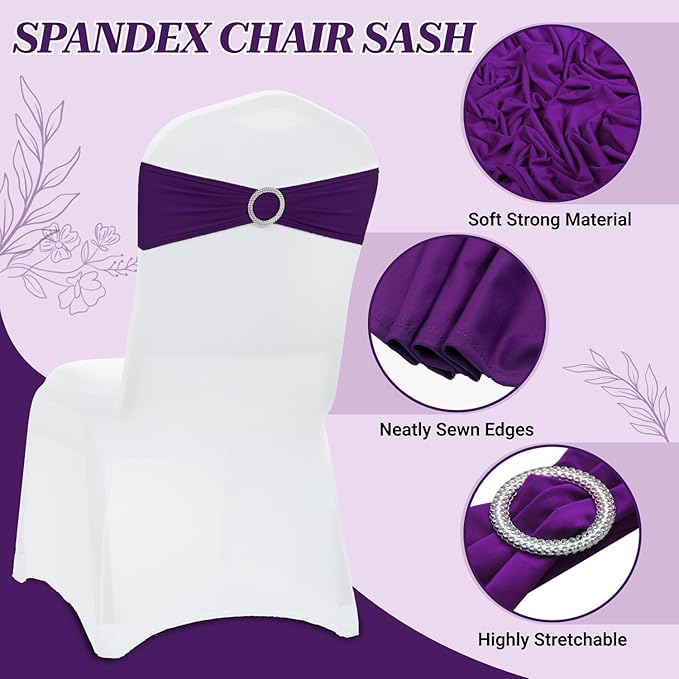 MDS Pack of 250 Spandex Chair Sashes Bows Universal fits Elastic Stretch Chair Bands Ties with Buckle Slider Bow for Wedding Decoration Spandex Slider Sashes Bow - Purple