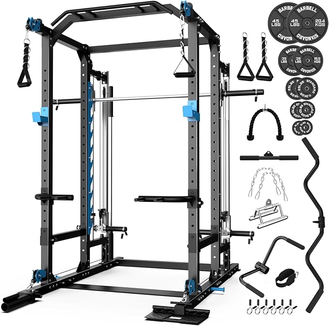 ULTRA FUEGO Power Cage with Cable Crossover/Smith Machine System LAT-Pull Down System Power Rack Squat Rack Training Attachments for Home Gym