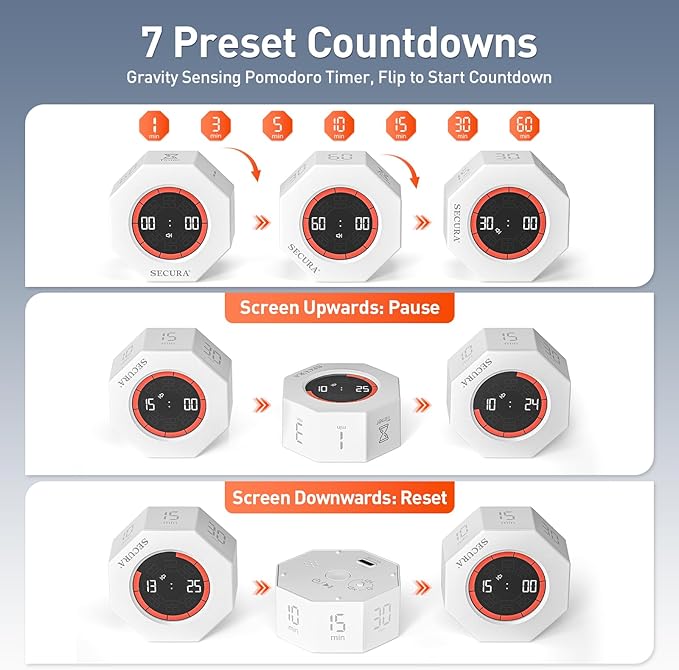 Secura Pomodoro Timer, Rotating Cube Time Tracker, Flip Gravity Sensor with 7 Presets(1/3/5/10/15/30/60 Min), Visual Progress Bar for ADHD, Kids, Tasks, Work, Study (White)