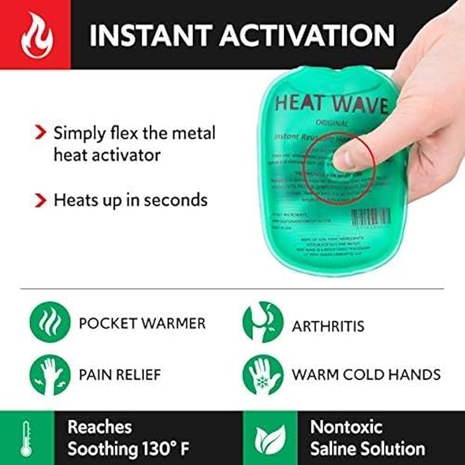 Heat Wave Instant Reusable Heat Packs Small 4-Pack Clear: Instant Reusable Hand Warmers for Camping, Hiking, and Pain Relief (3” x 5”), Click Heat Safe, Non-Toxic and Made in USA
