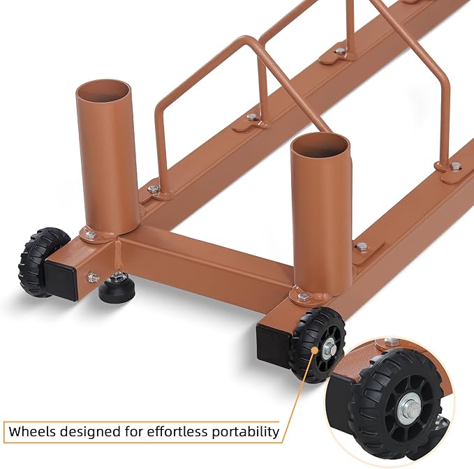 Olympic Barbell Plate Organizer with Steel Frame for home or gym,Horizontal Plate with Handle and Wheels, 300LBS Capacity, Brown