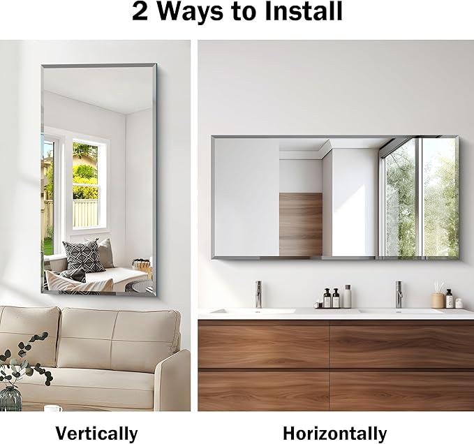 24x48 Large Beveled Mirror, Frameless Beveled Bathroom Mirrors for Over Sink, Upgraded Shatterproof Beveled Vanity Mirror for Bathroom,Bedroom,Living Room and Entryway