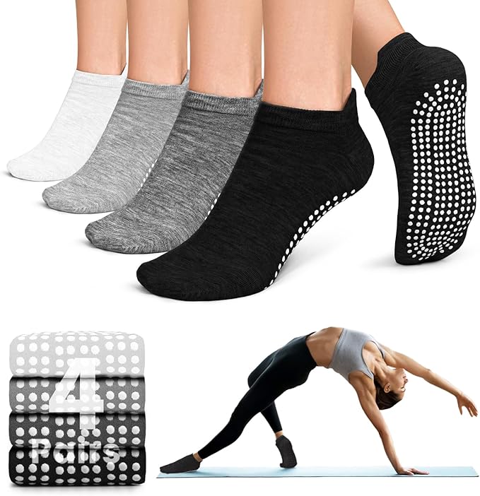 yeuG Pilates Socks for Women Non Slip Grip Socks for Yoga, Barre, Hospital, Barefoot Grippy Yoga Sock Womens Gifts 4 Pairs