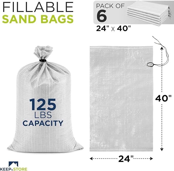 Heavy Duty Sand Bags Pack of 6, White Empty Sandbags with Built-In Ties, Woven Polypropylene UV Protection 1600 Hours, Fillable Bags for Flood Control, Weight, 24x40 inches, 125 Pounds Volume
