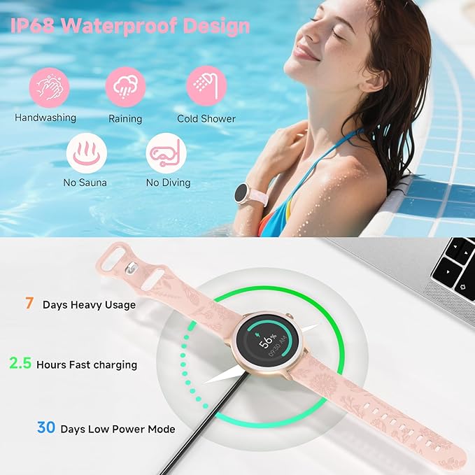 Smart Watch for Women Men, 1.27" HD Fitness Tracker with Heart Rate, Sleep, Step, SpO2 Monitor, IP68 Waterproof for Android iOS (Pink)
