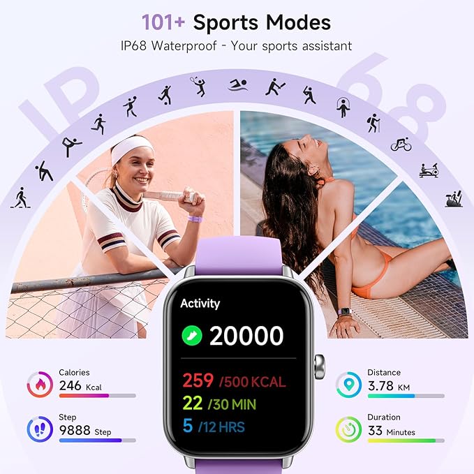 Gydom Smart Watches for Women for Android & iPhone, Alexa Built-in, 1.8" Smartwatch with Heart Rate/SpO2/Sleep/Stress, IP68 Waterproof Fitness Tracker, 101+ Sports Modes, Purple