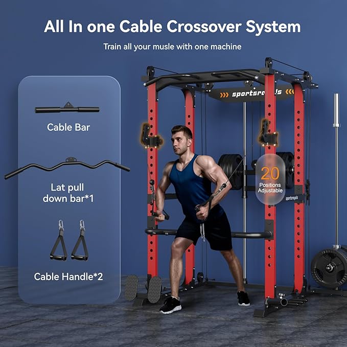 Sportsroyals Power Cage 1600lbs Power Rack with Adjustable Cable Crossover, Multi-Function Squat Rack with Pulley System and Training Attachments for Home Gym
