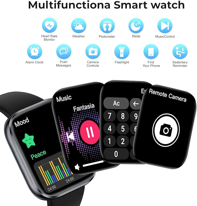 Smart Watch for Men Women, 1.83" HD Touchscreen Fitness Watch with Bluetooth Call&Message Notifications, 110+Sport Modes, 24/7 Heart Rate/Sleep Monitor, IP68 Waterproof Fitness Tracker, Grey Black