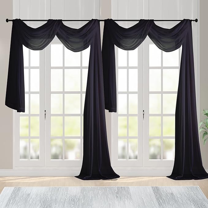 Chyhomenyc Black Sheer Scarf Valances for Windows 216 Inch Extra Long, Window Scarf Drapes Rod Pocket Backdrop for Wedding Arch Draping/Party/Canopy Bed/Living Room, 2PC, 18 Feet Length