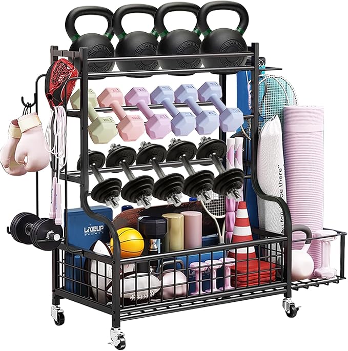 Dumbbell Rack, Weight Rack for Kettlebells, Storage Holder for Yoga and Workout Equipment, Home Gym Storage Rack with Wheels,Hooks and Mesh Top