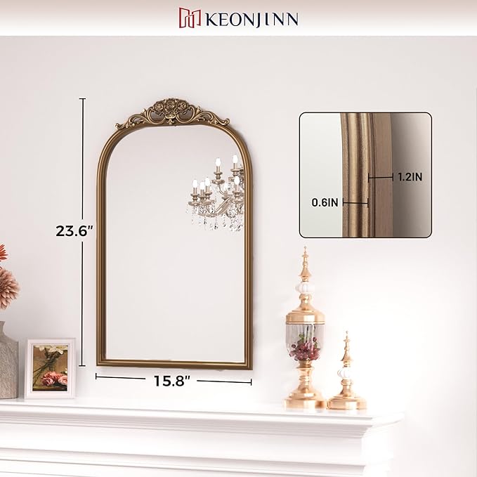 Keonjinn Gold Vintage Arched Mirror for Wall, 16" x 24" Brass Mirror with Metal Frame, Ornate Baroque Decoration for Mantle, Living Room, French Cleat Mounting