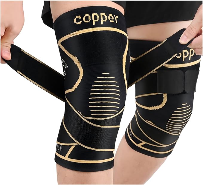 JHVW Copper Knee Brace for Women Men 2-Pack, Knee Compression Sleeve with Straps, Knee Braces for Knee Pain, Knee Support for Running Working