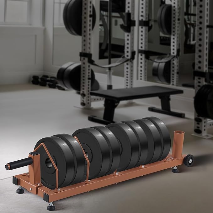 Olympic Barbell Plate Organizer with Steel Frame for home or gym,Horizontal Plate with Handle and Wheels, 300LBS Capacity, Brown