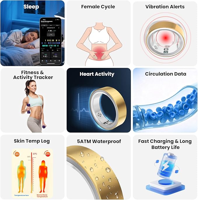 RQZ Smart Ring for Women Men, Fitness Tracker with Heart Rate Tracking, Sleep Tracking, Step Counter, Vibration Alert, 5ATM Waterproof, iOS Android Compatible, Gold Size 9