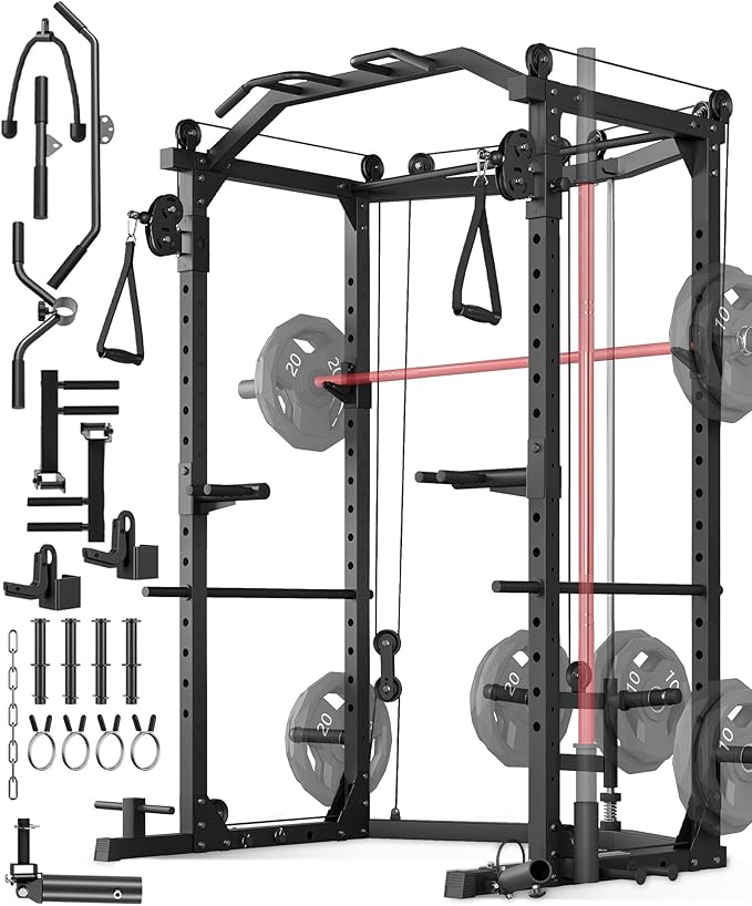 GarveeLife Power Cage, Multi-Functional Power Racks for Home Gym with Cable Crossover System, 1600 LBS Weight Capacity Fitness Squat Rack for Strength Workout with More Training Attachment, Red