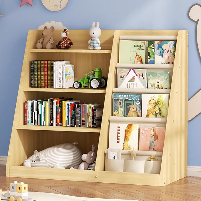 Kids Bookshelf and Toy Storage Organizer, 4 Tier Wooden Kids Book Shelf with Sling Book Rack in Kids Room Playroom Nursery for Kids, Children, Toddlers