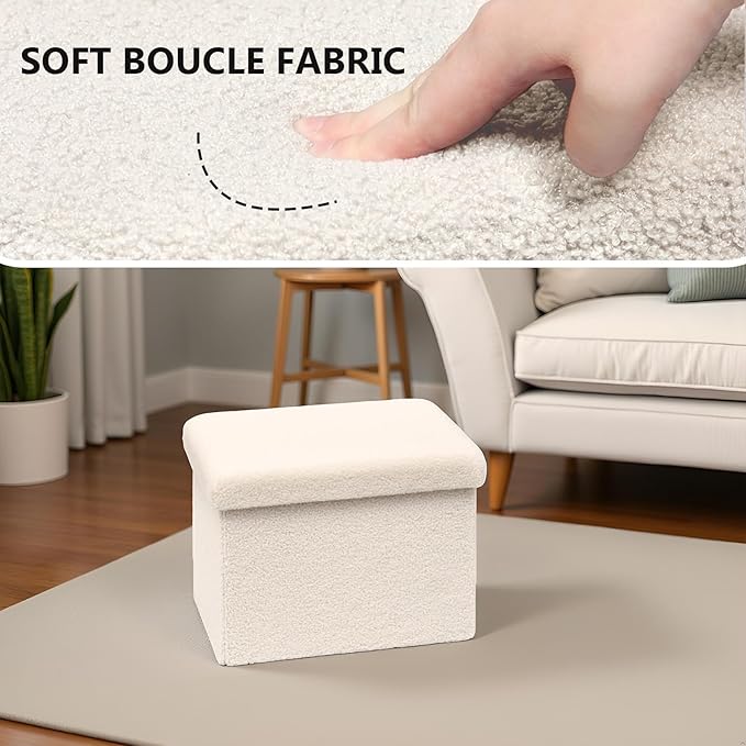 16.5 Folding Storage Ottoman Cube - Small Footrest with Sherpa Top, Multi-Functional Storage for Bedroom, Living Room,White
