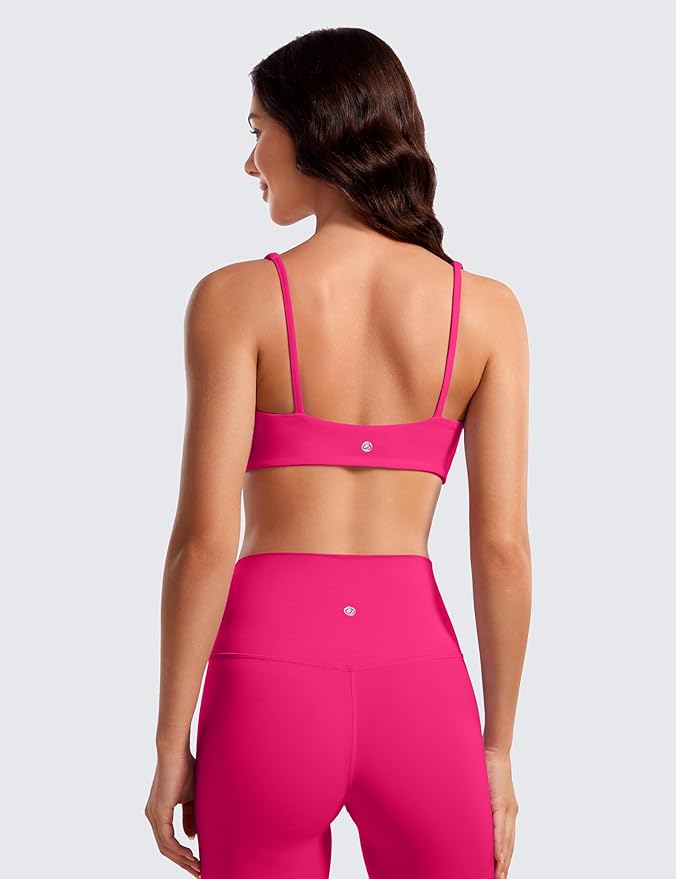 CRZ YOGA Butterluxe Square Neck Spaghetti Strap Sports Bras for Women - Low Coverage Yoga Wireless Padded Cami Crop Top