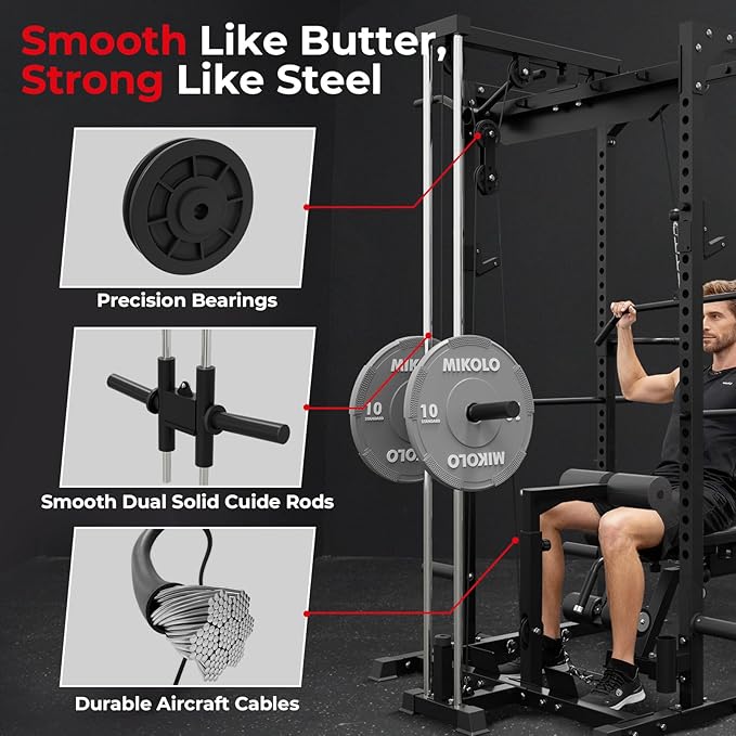 Mikolo F4 2.0 Power Cage with Dual-Track Smooth Pulley System, 1200LBS Power Rack with Leg Hold-Down for Heavy LAT Pulldowns, All-in-One Squat Rack with More Training Attachments for Home Gym