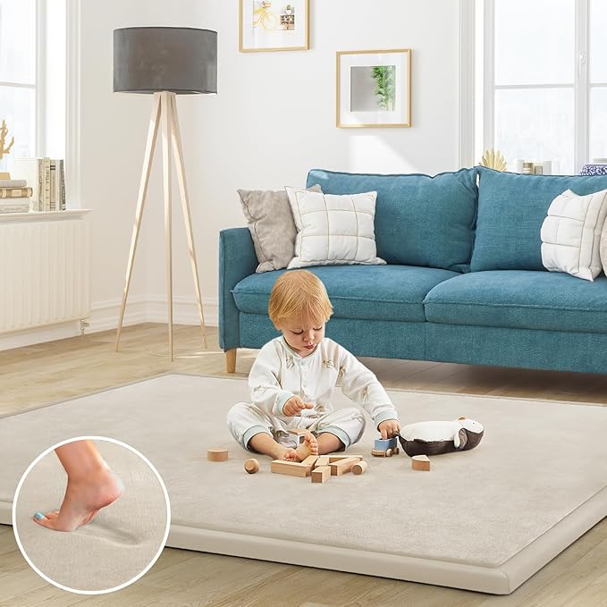 Baby Play Mat for Floor Nursery Rug Muscle Mat Area Rug Playroom Rug 47"x47" Playpen Mat Memory Foam 1.3" Thick Crawling Mat for Babies,Toddlers, Infants, Kids,A Beige