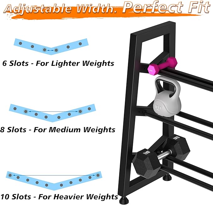 3 Tier Weight Rack for Home Gym Dumbbells, Universal Dumbbell Rack with Adjustable Width Rails, Heavy Duty Angled Storage Stand for Kettlebells & Hand Weights (Rack Only)