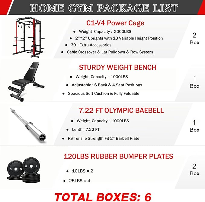 C1-V4 Power Cage, 2000LBS Squat Rack with LAT Pulldown, Multi-Function Weight Cage Strength Training Machine, Workout Cage with More Attachments for Home Gym Garage