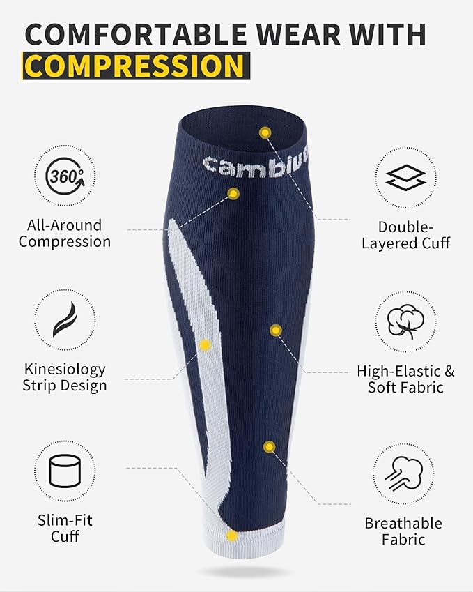 CAMBIVO 3-Pair Calf Compression Sleeves for Men & Women – Footless Socks for Shin Splints & Leg Pain Relief, 1 Pair Available