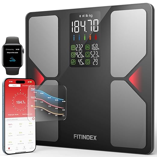 FITINDEX Smart Scale with BMI, Body Fat, Muscle Mass, Scale for Body Weight and Fat Percentage, High Accurate Bluetooth Scale with Large Display, 13 Body Composition Analyzer Sync APP, 500lbs, 11.8"