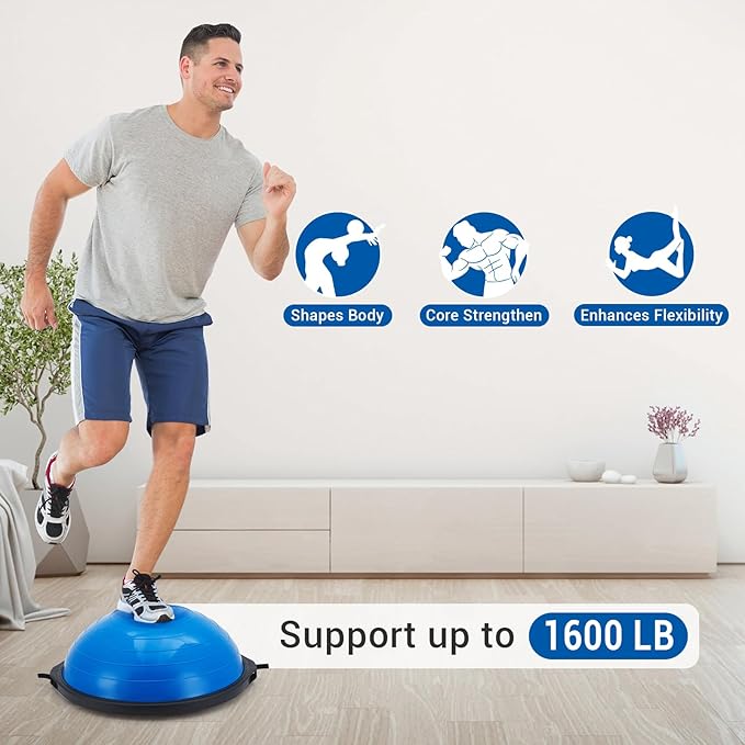 25 Inch Half Balance Ball Trainer, Non-Slip Base Inflatable Yoga Ball with Resistance Bands & Foot Pump, Home Gym Strength Training Equipment (Blue)