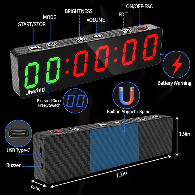 Gym Timer, Portable, Interval Timer with Rechargeable Battery and Built-in Magnet, LED Digital Anti Vertigo Display, Upgraded Workout Clock for Home Gym Garage Fitness