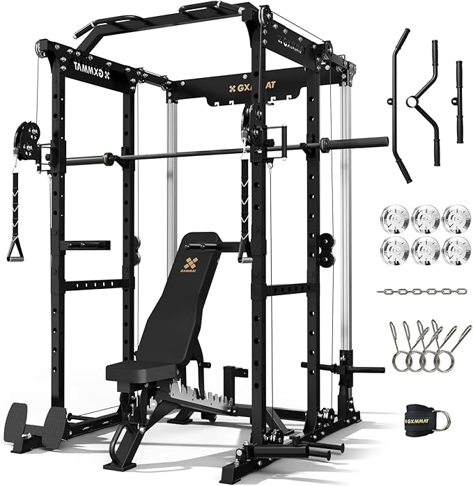 Gxmmat X6 Power Cage, 2200LB Multi-Function Power Rack with Independent Dual Aluminum Pulley System, Squat Rack for Home Gym Strength Training Equipment, Heavy-Duty Steel Construction