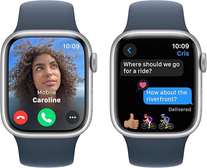 Apple Watch Series 9 [GPS 41mm] Smartwatch with Silver Aluminum Case with Storm Blue Sport Band S/M. Fitness Tracker, ECG Apps, Always-On Retina Display, Water Resistant