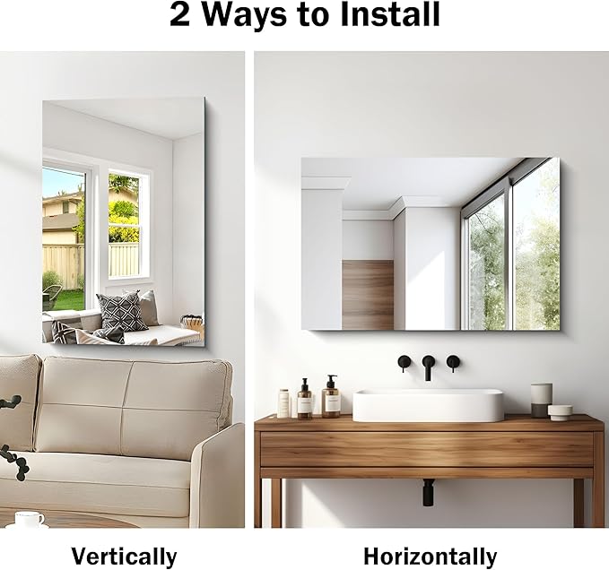 Frameless Mirror, 24x36 Inch Bathroom Mirror for Wall, Rectangle Bathroom Vanity Mirrors with Polished Edge, Hangs Horizontally or Vertically for Bathroom, Bedroom and Living Room