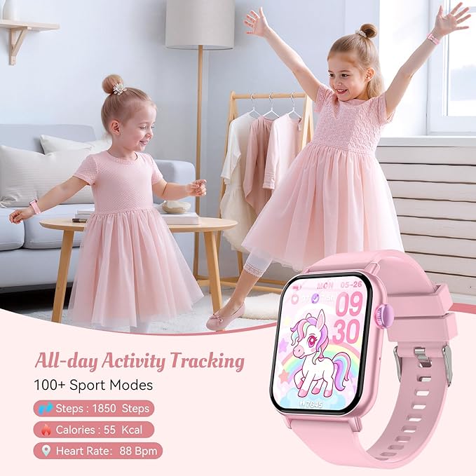 Smart Watch for Kids, 12 Puzzle Games HD Touch Screen Watches, Step Counter, Heart Rate and Sleep Monitor, Flashlight, 12/24 hr Educational Toys Birthday Gifts for Girls Ages 6-12 (Pink)