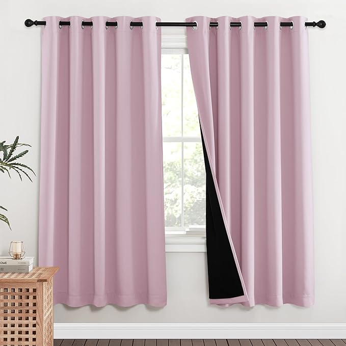NICETOWN 100% Blackout Window Curtain Panels, Baby Pink, 2 Pieces, 70-inch Wide Per Panel, Full Light Blocking Drapes with Black Liner for Nursery, 72-inch Drop Thermal Insulated Draperies