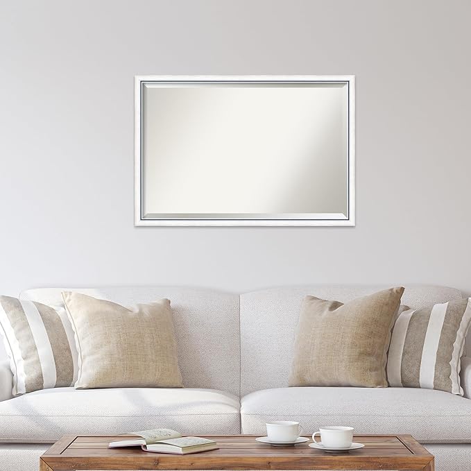 Amanti Art White Bathroom Mirror for Over Sink, 26x38 Morgan White Blue Rectangle Vanity Mirror, Large Modern Contemporary Wood Frame, Hangs Horizonally and Vertically, Bathroom Wall Decor, Beveled