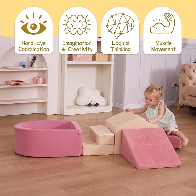 Foam Climbing Blocks with Ball Pit, Climbing Toys for Toddlers, Foam Climb and Crawl Activity Playset Indoor, Soft Play Equipment for Toddler Crawling Sliding Playing (Excluding Balls)