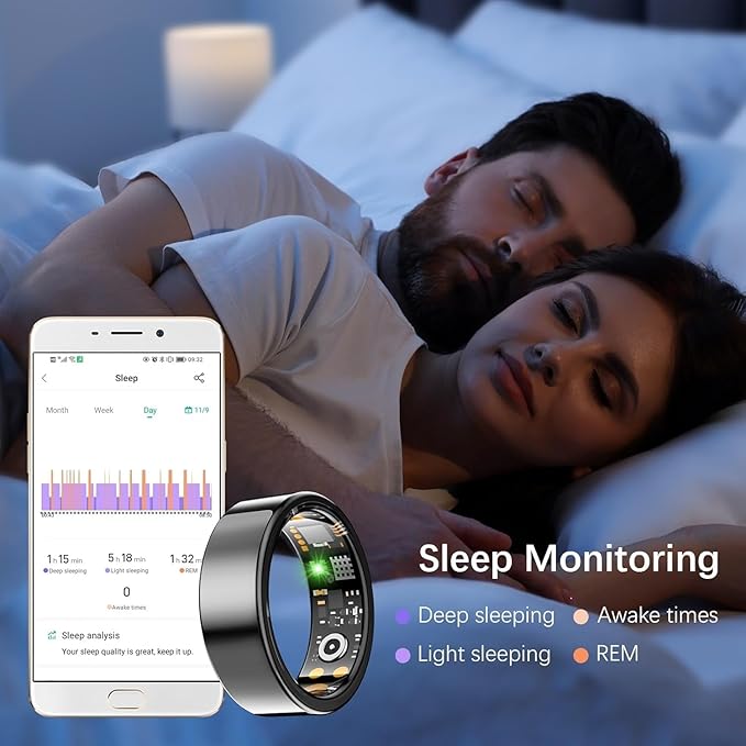 SEEVEN Smart Ring for Women Men, Fit Ring with Heart Rate, Blood Oxygen, HRV, Sleep Monitor, Stress, Step Counter, IP68 Waterproof Fitness Rings for iPhone & Android, No Subscription Fee (Black, 9#)