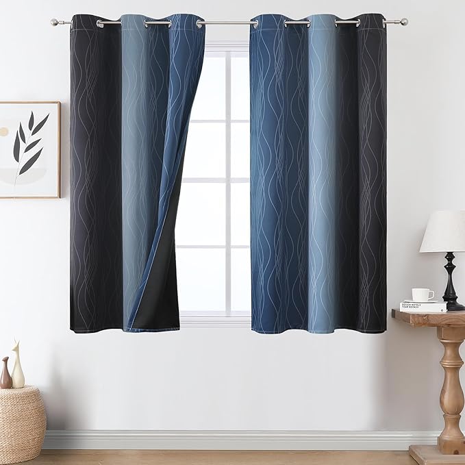 Estelar Textiler Black and Navy Blue Ombre Blackout Curtains 45 Inches Long, Full Room Darkening Gradient Drapes for Kitchen, Thermal Insulated Grommet Short Curtains for Bathroom, 42Wx45L, 2 Panels