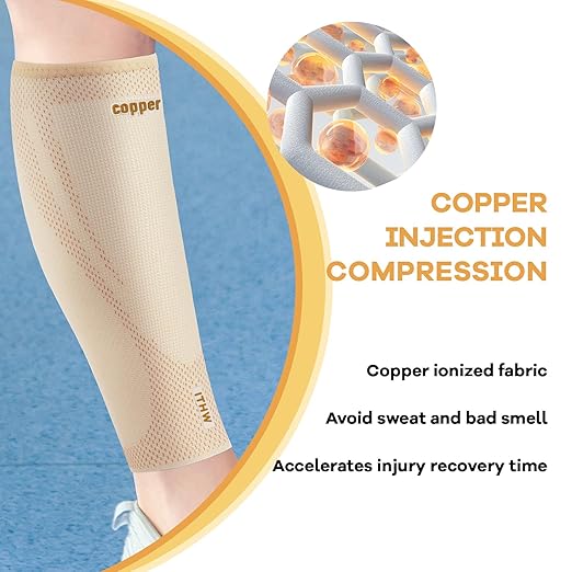 Copper Calf Compression Sleeves for Men & Women - High Stretch Graduated Compression with Anti-Slip Grip | Breathable & Smooth Lining Footless Design for Runners, Shin Splints, Leg Fatigue & Travel (Nude, X-Large)