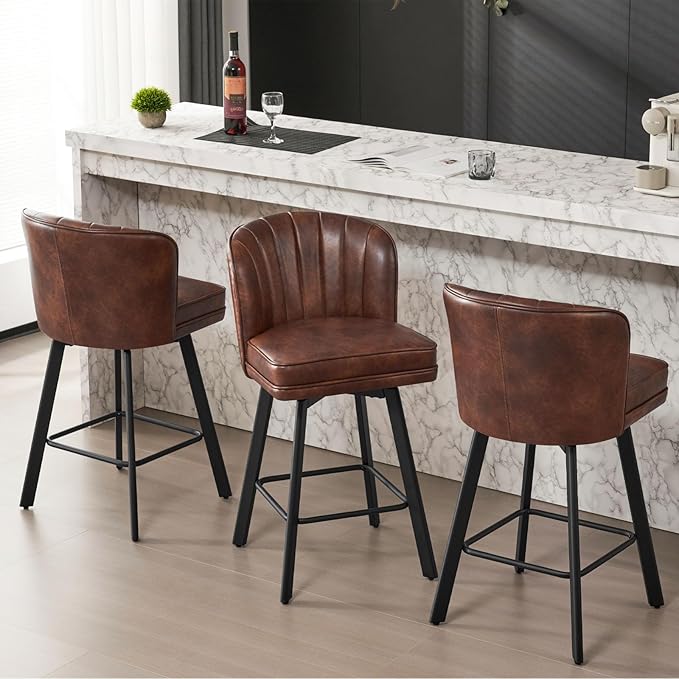Swivel Counter Height Bar Stools Set of 3, 26'' Modern Barstools with Backs and Metal Legs, Upholstered Bar Chairs, Faux Leather Brown Stools for Kitchen Island Chairs
