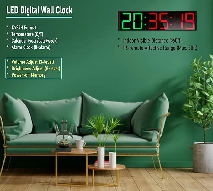 26'' Huge Home Gym Interval Workout Timers, Digital Wall Clock, with Countdown, Stopwatch, 7-Color Light, 8-Alarms, Calendar/Temperature Display, for HIIT/Tabata/FGB/EMOM (Green & Red)