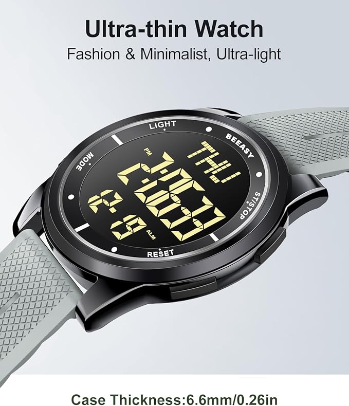 Beeasy Digital Watch for Men Women, 50M Waterproof, Ultra-Thin & Lightweight, 44mm Silicone Sports Watch with Alarm, Stopwatch, Countdown, Ideal for Gym, Running, School, Daily Wear