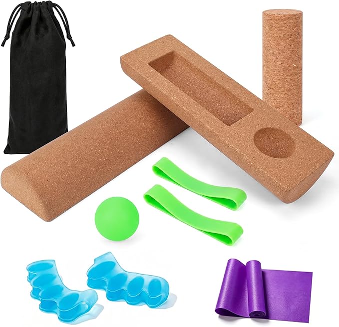 Cork Balance Board, Foot Balance Board Set with Massage Roller, Massage Ball, Toe Resistance Band, Toe Spacer, Resistance Band, Storage Bag, Ankle Strengthener for Home Office Gym