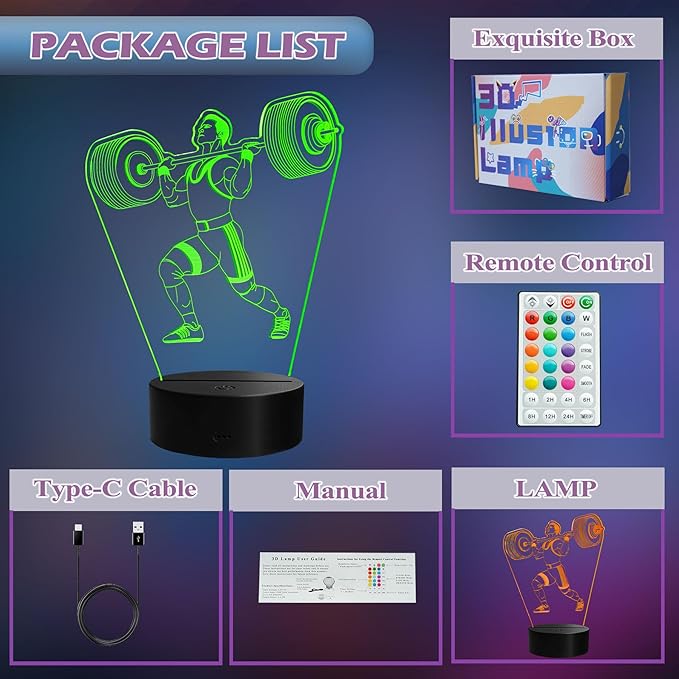 Weightlifting Night Light, Weightlifting Gifts for Boy, Gym 3D Night Light with Remote Control, 16 Colors Changing, RGB Flashing Mode and Dimmable, Gifts for Boys Christmas Decor