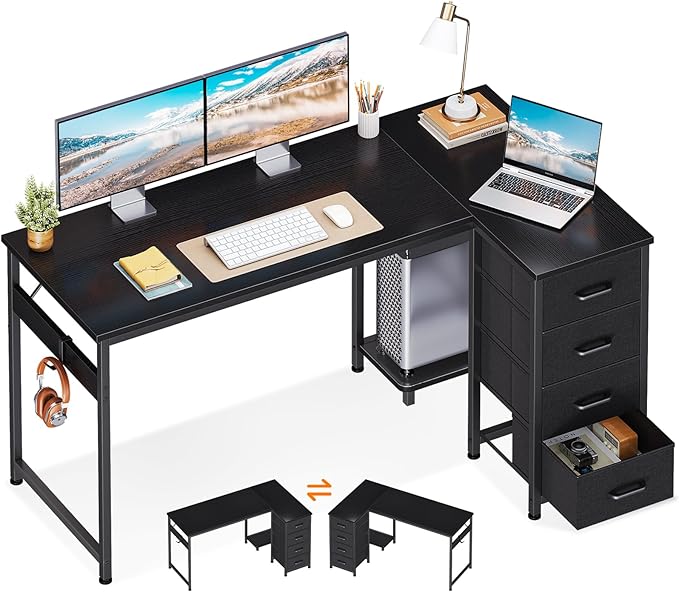 Casaottima L Shaped Desk with 4 Drawers, 47" Corner Computer Desk with Storage, Reversible Kids Study Table with CPU Stand & Hook, Work Table for Home Office, Black