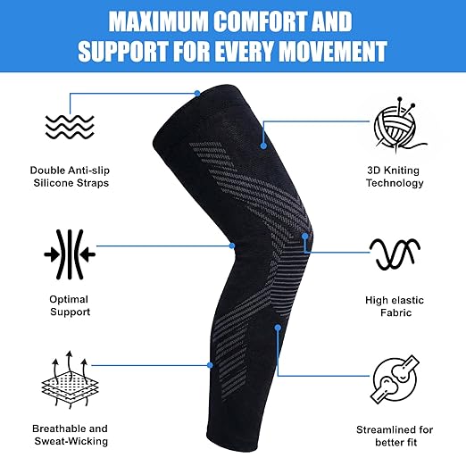 NuCamper Full Leg Compression Sleeves for Men and Women,2 Pack Legs Sleeves Long Knee Brace Support for Running, Basketball, Cycling, Workout, Sports - Black,3XL