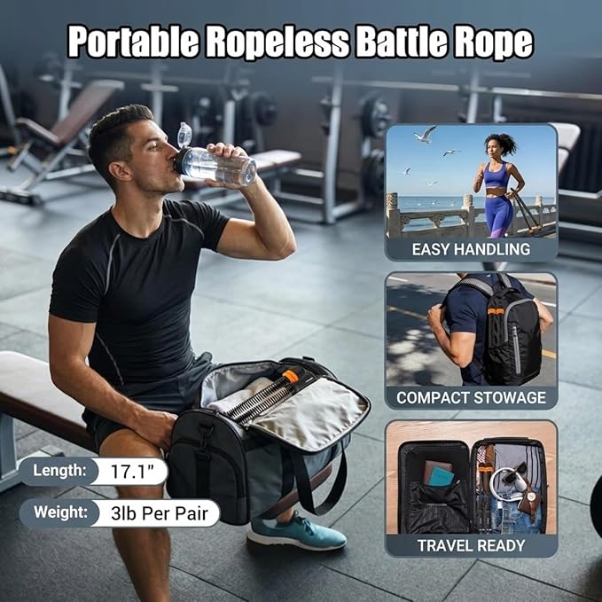 Portable Cordless Battle Ropes (Adjustable Weights) – Ropeless Weighted Exercise Equipment for Home Gym with Storage Bag | Low-Impact Workout, Strength & HIIT Training for Men & Women