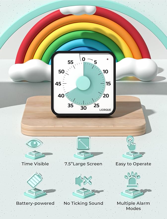 LIORQUE 60 Minute Visual Timer for Kids and Adults, Non-Ticking 7.5 Inch Large Visual Countdown Timers for Classroom Desk Countdown Clock with Magnetic Backing, Kids Pomodoro Timer Clock