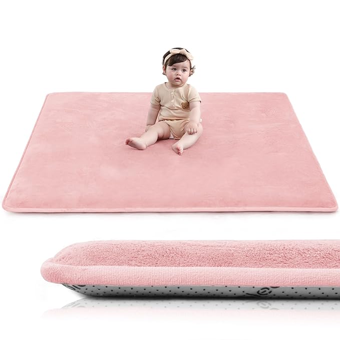 Huloo Sleep Baby Play Mat for Floor,1.3" Thick Elasti-Foam 50"×50" Playpen Mat for Tummy Time,Water Repellent Soft Coral Velvet for Toddler,Infant,Kids,Non-Slip Backing Safe for Crawling(Pink)